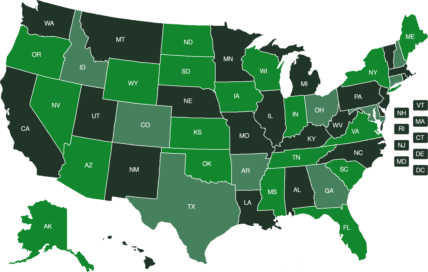 Clickable map of the United States.